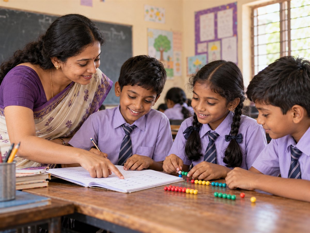 Illustrative scene of students learning mathematics with a teacher